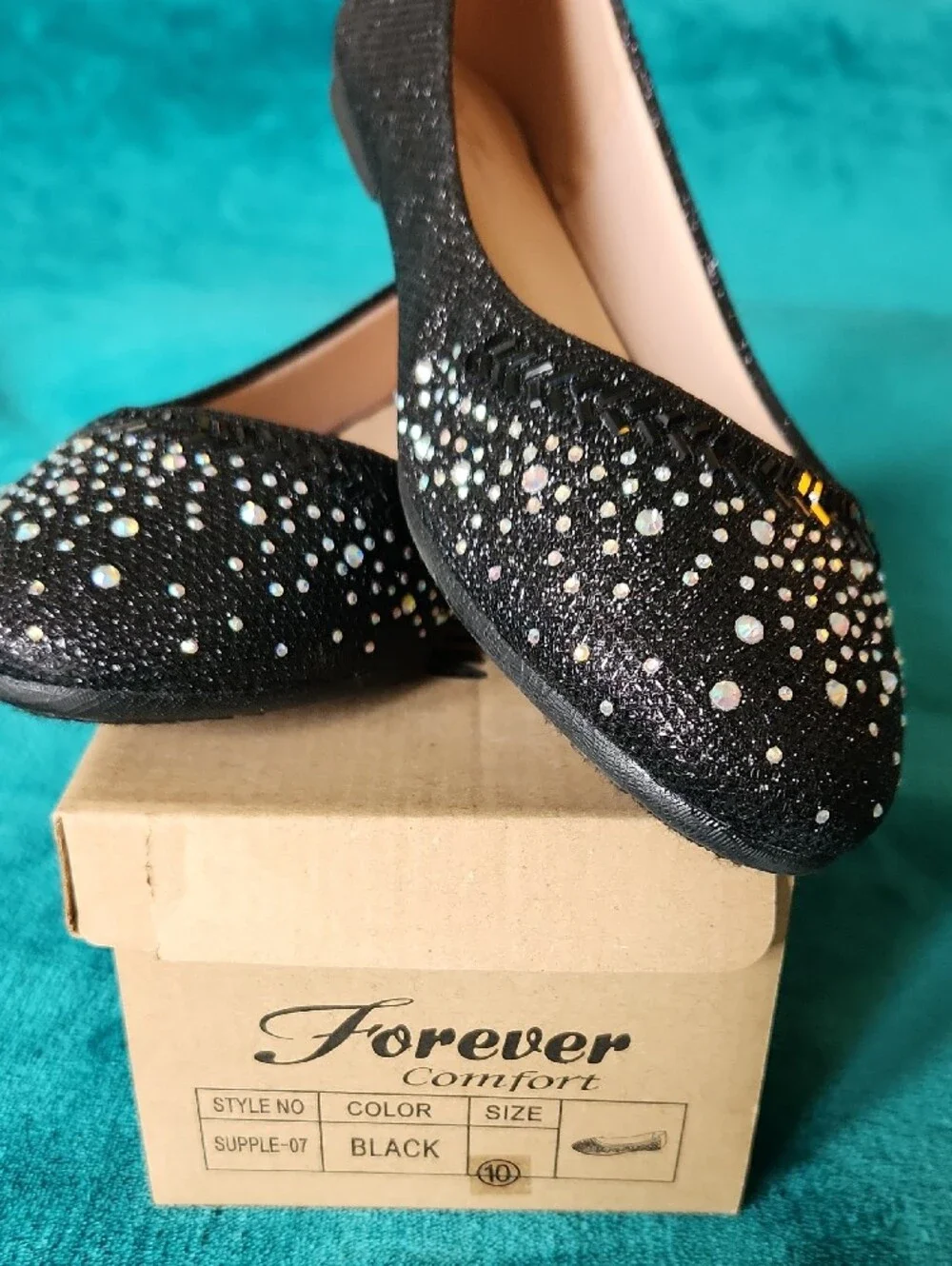 Forever Comfort Black Crystal-Embellished Ballet Flats Size 10